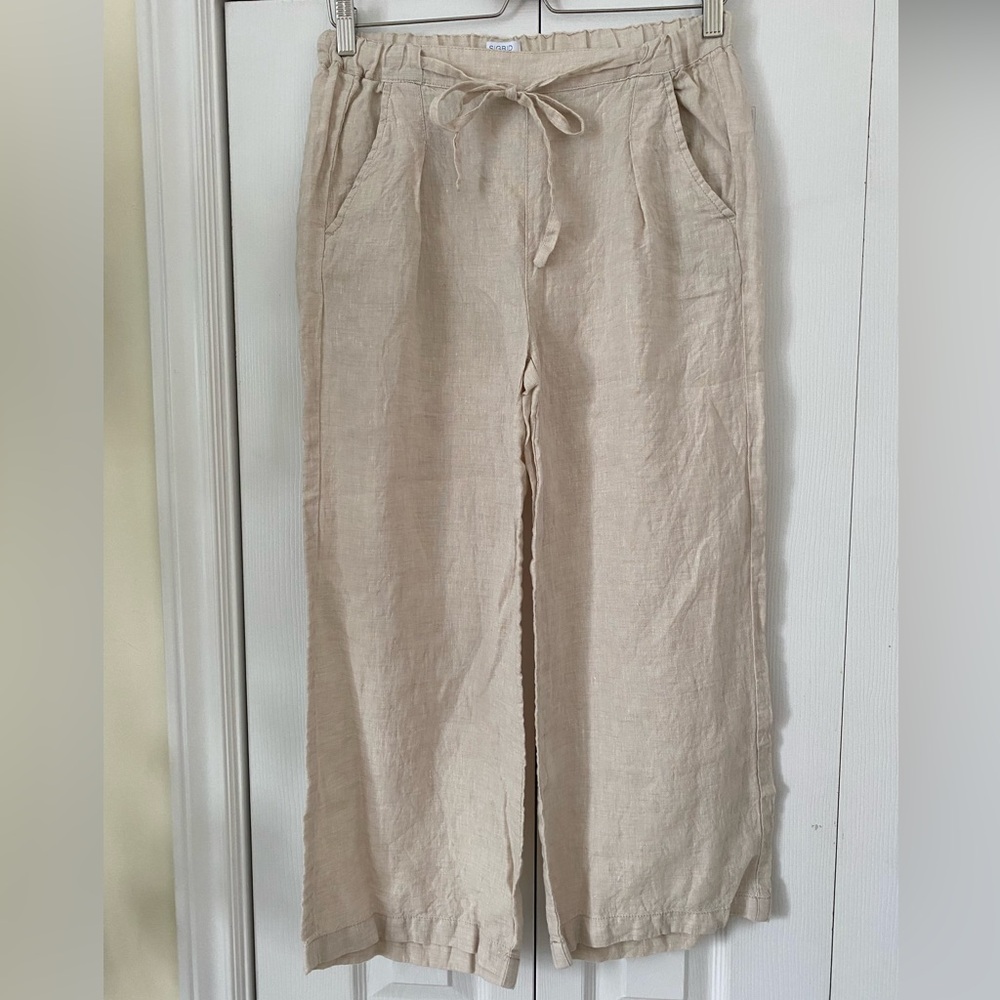 Sigrid Olsen  Natural 100% Linen Wide Leg Pants elastic drawcord waist pockets